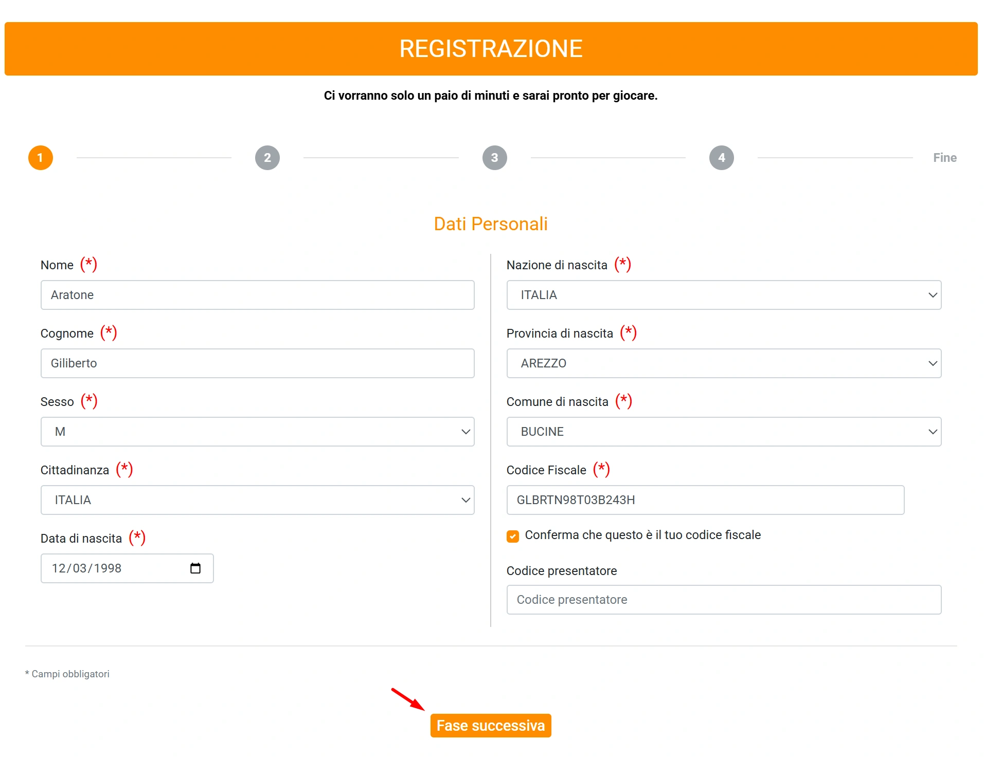 Processo di registrazione su Vincitu Casino